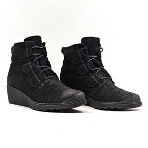 Sorel Toronto Lace Up Wedge Waterproof Ankle Booties black leather suede 9.5